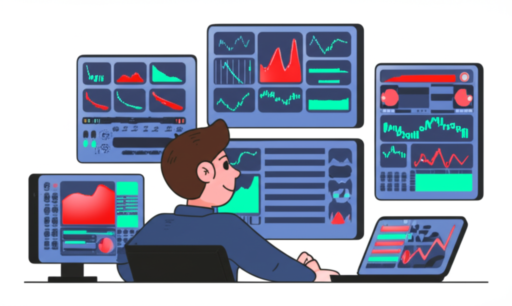 CFD 交易特點圖:投資者管理多螢幕,展示高槓桿、雙向交易及多元資產如股票、商品和外匯的高流動性