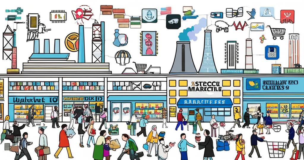 廣闊而充滿活力的市場充斥各種產業符號,如科技晶片、醫療十字、零售購物車和發電廠,代表美國股票市場的多樣部門,投資者愉快導航