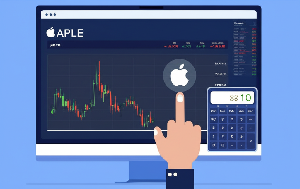 數位交易螢幕顯示蘋果股票即時報價與價格波動圖,手指指向每股價格,計算器顯示十股總交易金額