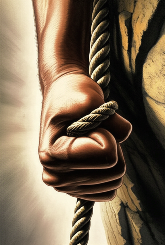 強壯的手緊握懸崖邊繩索,象徵物理控制與穩定的插圖