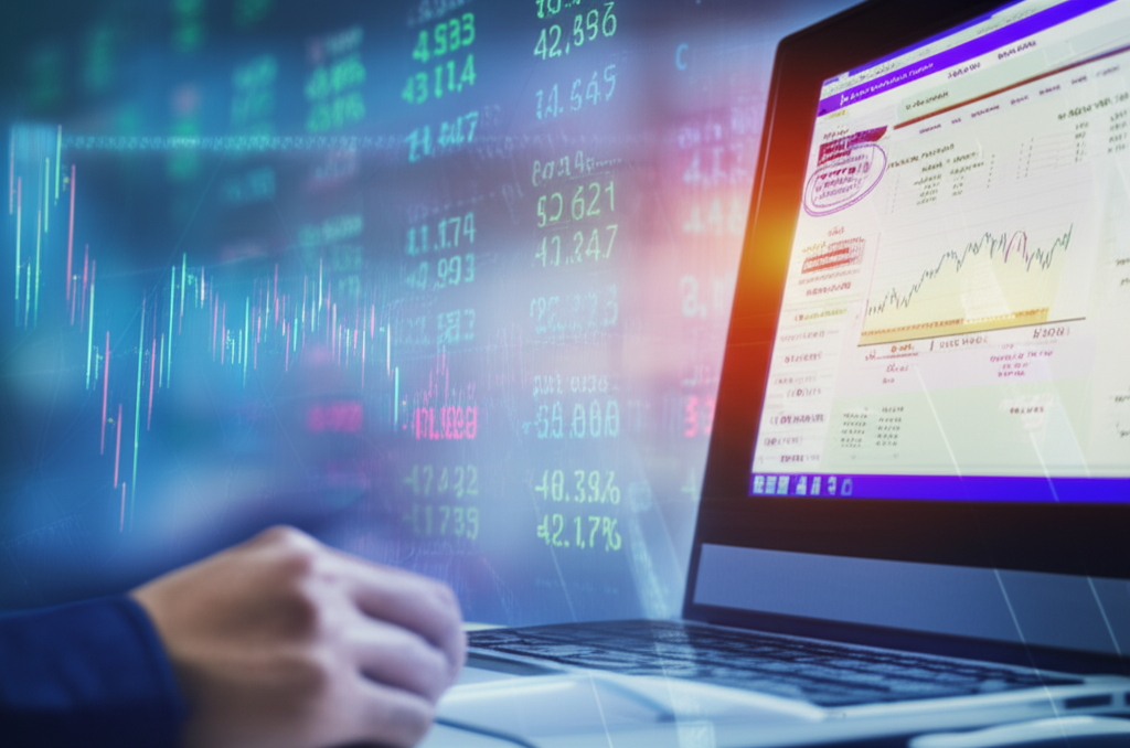 人士在電腦上查看歐元匯率K線圖的插圖,背景包含銀行標誌與即時財務資訊