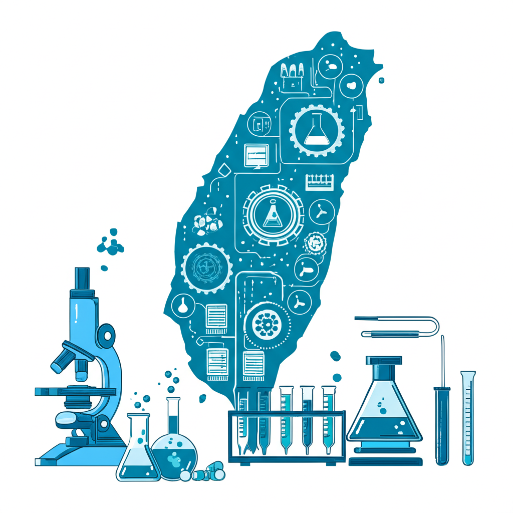 台灣全球生技產業關鍵角色插圖,台灣地圖配齒輪與燒杯象徵CDMO和新藥研發,前景顯微鏡與專門醫療設備突出利基醫材