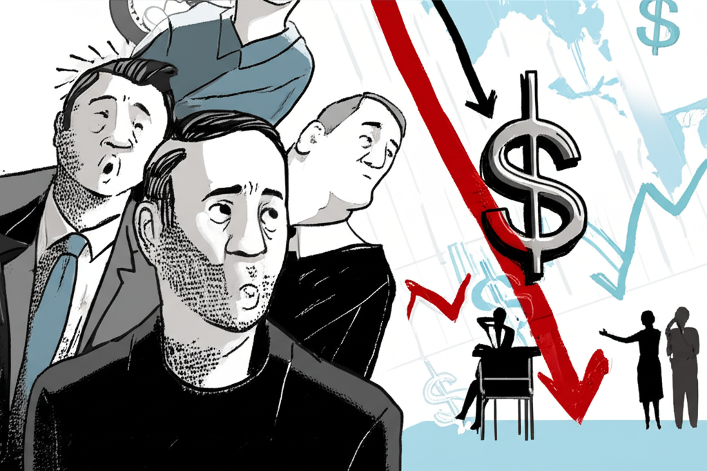 擔憂的民眾注視著下跌的澳幣符號,伴隨著向下趨勢圖表和全球金融專家觀察情勢的插圖