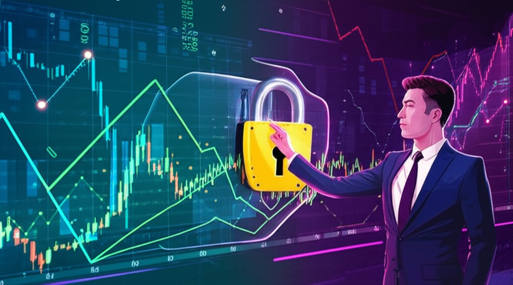 交易者自信鎖定金融圖表上的獲利,背景有防護盾和數位市場