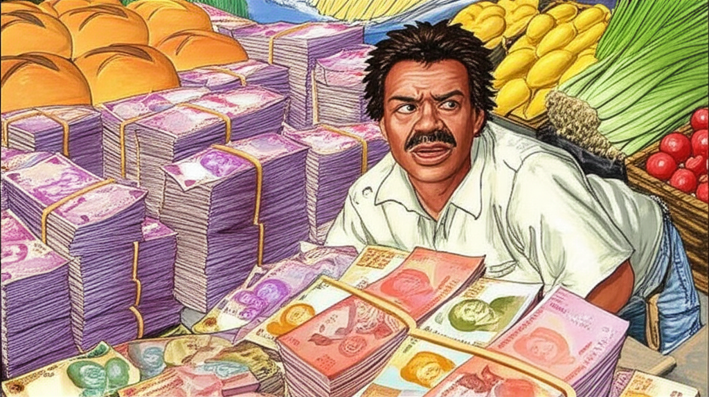 委內瑞拉民眾面對無價值玻利瓦堆積,試圖在市場購買基本必需品的掙扎插圖