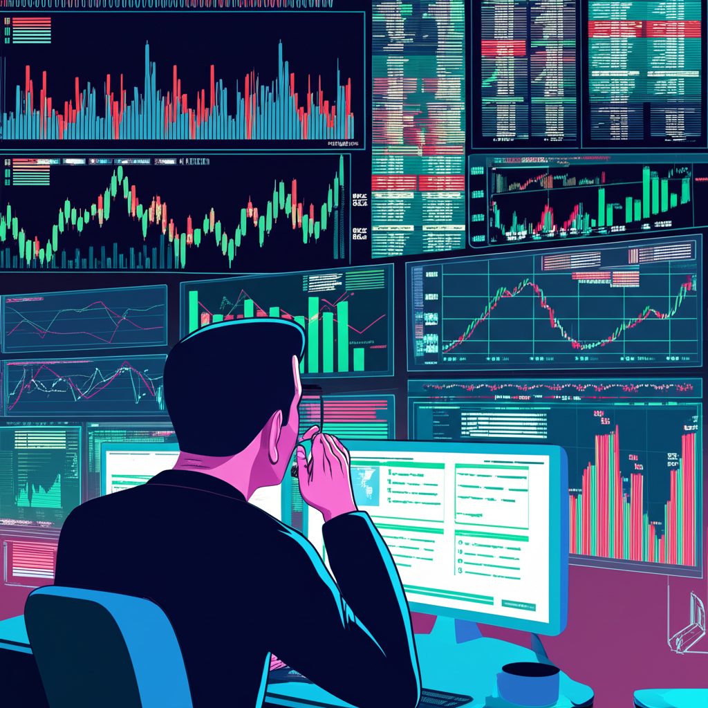 投資人注視螢幕上的波動股圖與全球新聞,即時反應市場同步價格變動