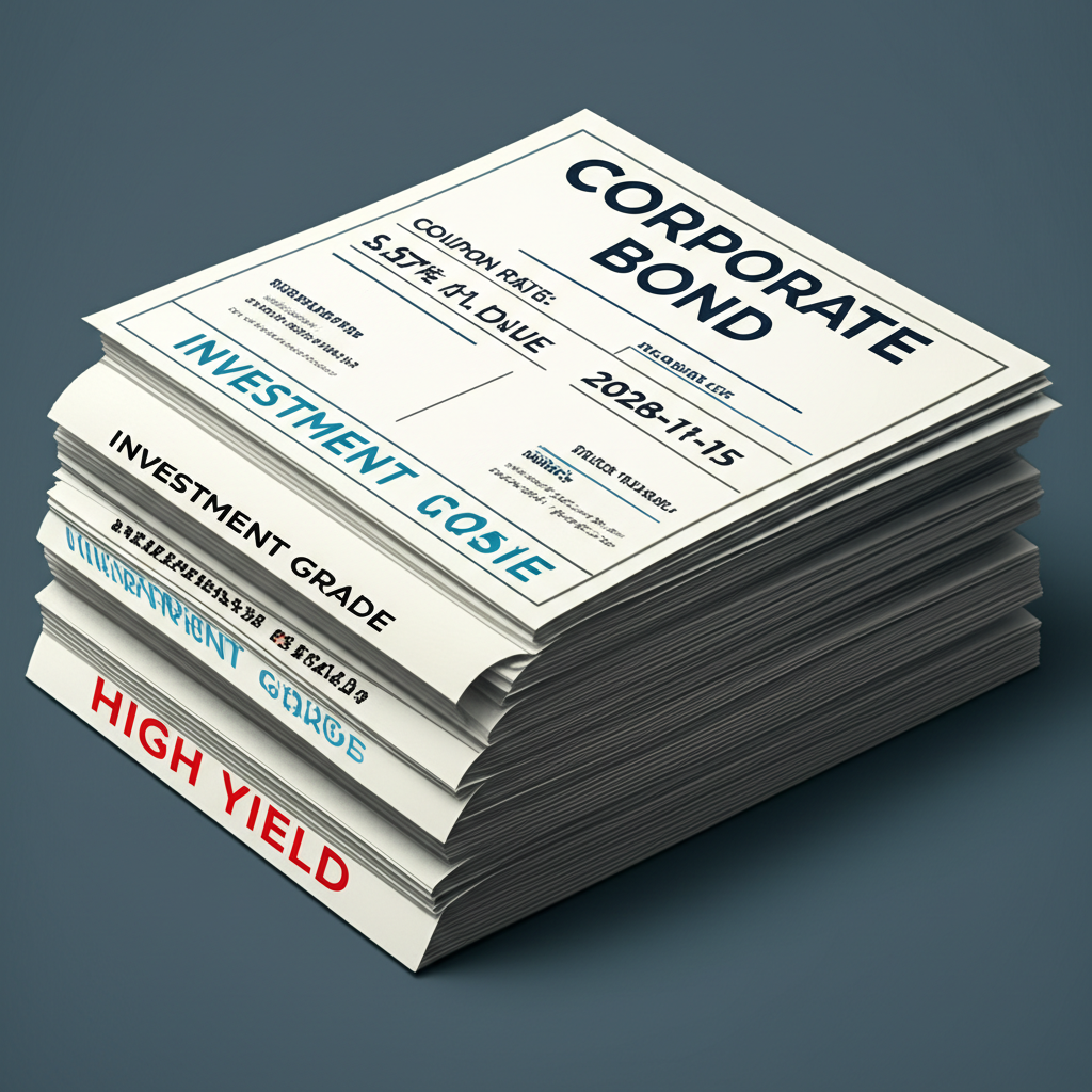 一疊公司債的插圖,顯示票面利率、到期日、面額等數字,以及投資級和高收益債等類型