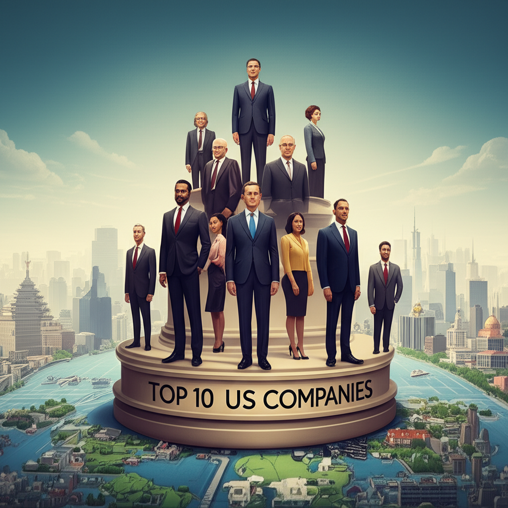企業巨頭群像插圖,象徵美國前十大公司俯瞰全球金融景觀,展現力量與影響