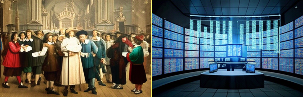 證券交易歷史演進插圖,從17世紀阿姆斯特丹商人交換文件,到現代電子交易螢幕,象徵效率與安全性的提升,以及台灣股市從1961年手寫記錄到全電子系統的時間線,代表金融科技進步與經濟成長