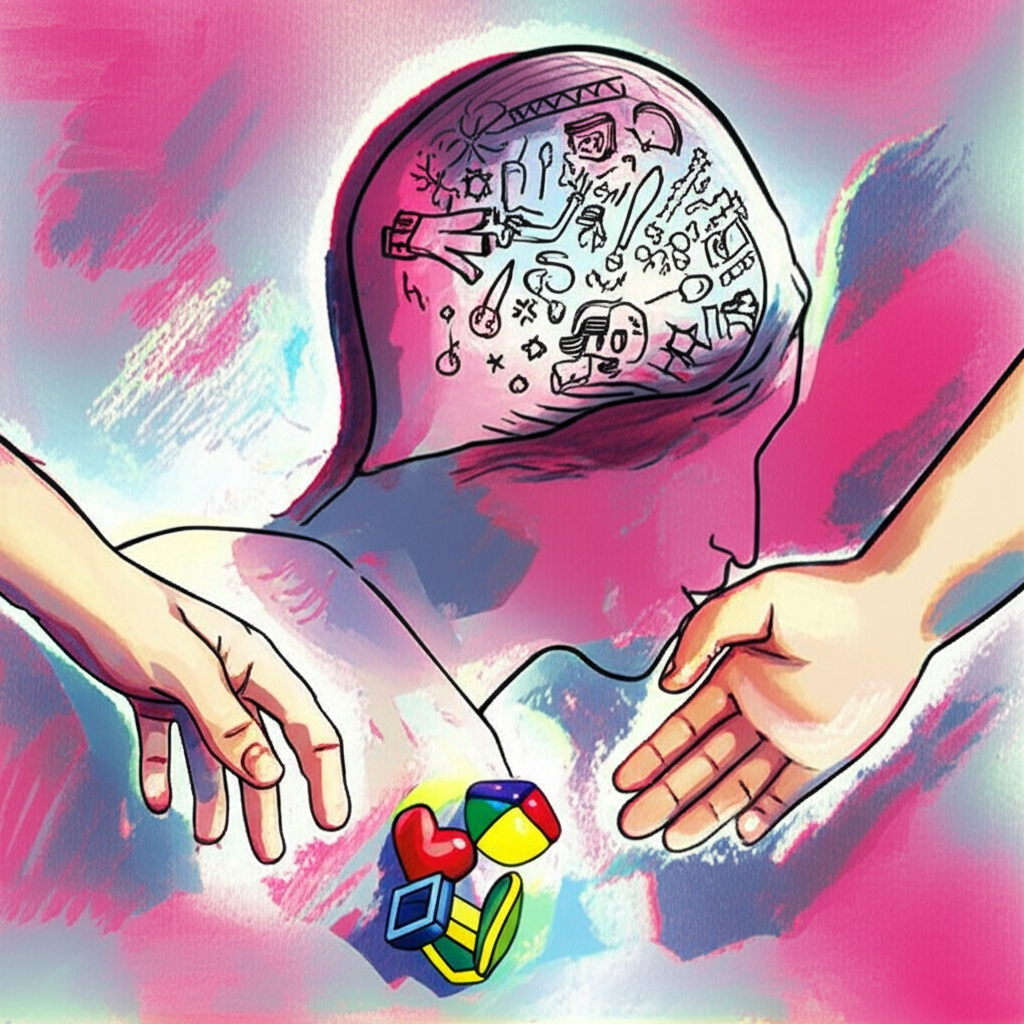 手部伸出抓住玩具,另一手追逐稍縱即逝機會,腦中充滿抽象概念的插圖