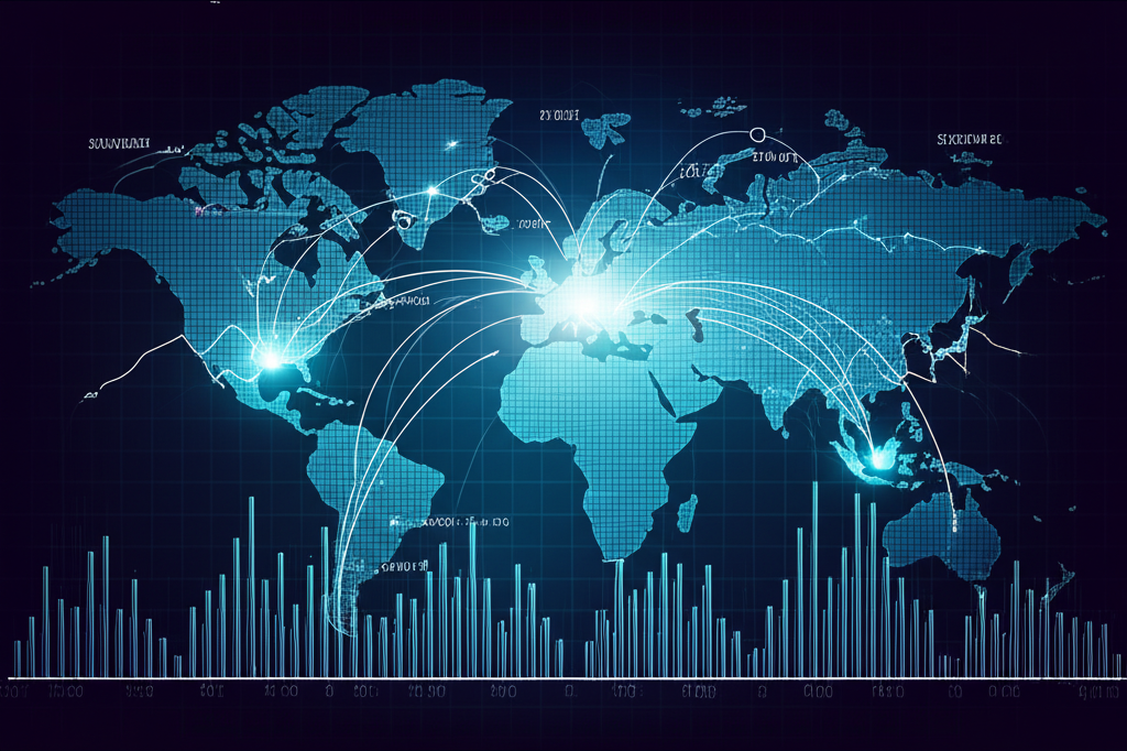 世界地圖插圖,展示美國市場的經濟脈動與企業實力,充滿活力與連結線條