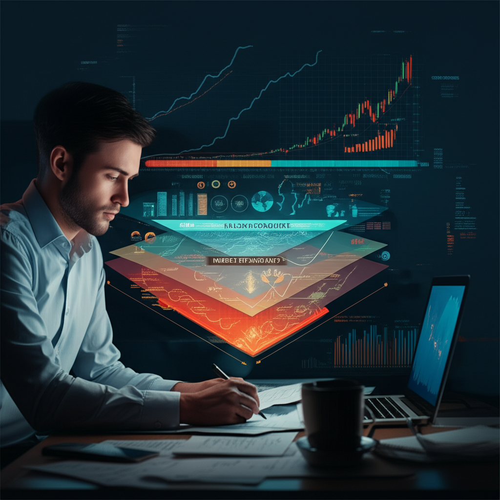 一位人士仔細研究複雜的財務圖表，層層代表宏觀經濟、微觀經濟與市場心理，提供分析與策略洞見