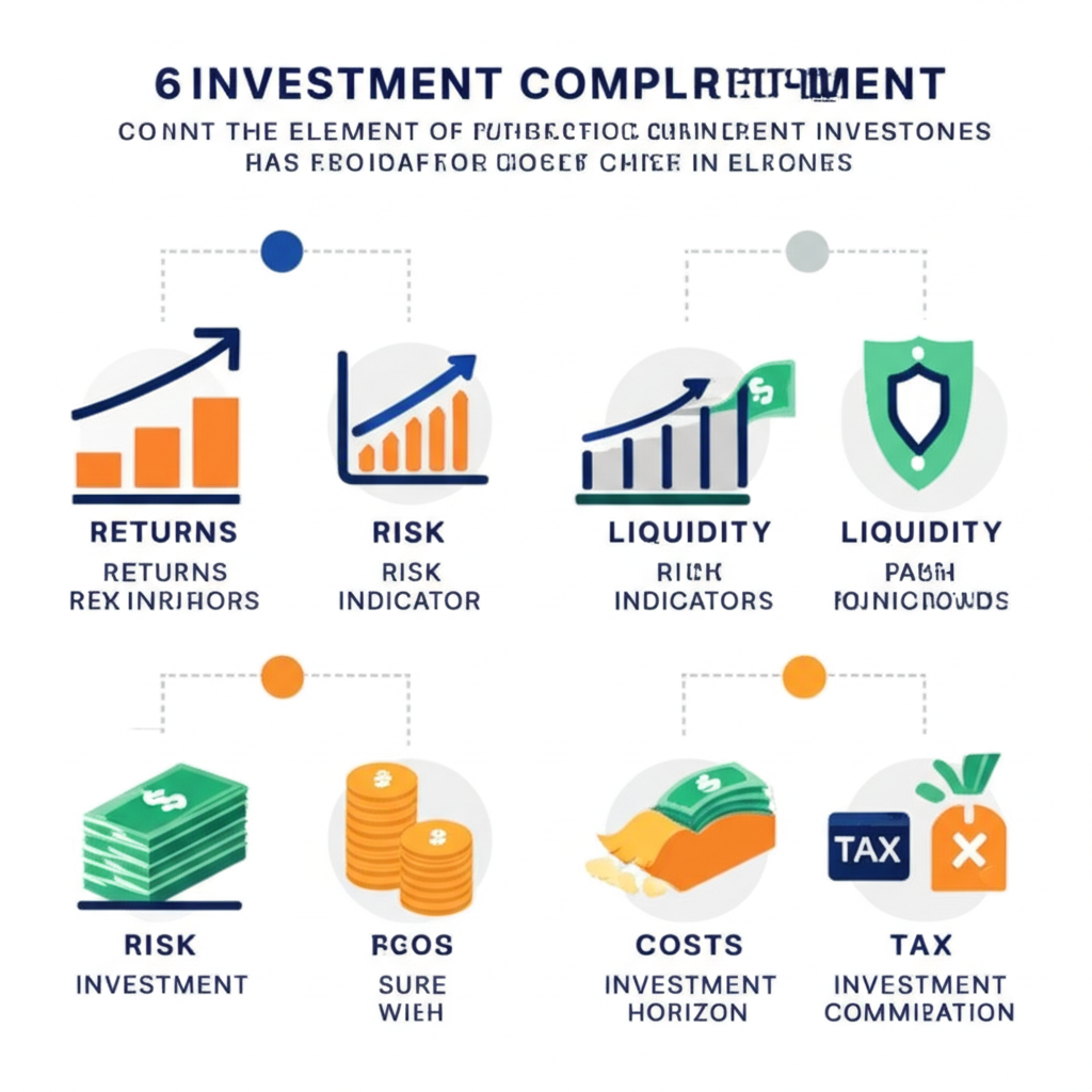 六大投資比較要素插圖,包括報酬圖表、風險盾牌、流動現金、時間軸、成本小幣和稅務符號