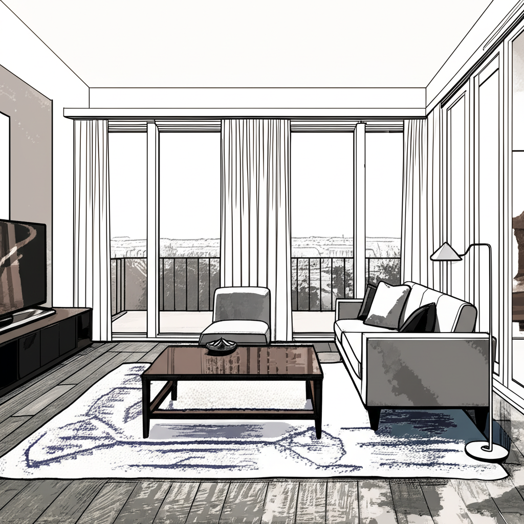 牛津CEO社區現代公寓內部景觀,大型窗戶帶來充足自然光,簡約舒適設計配景觀陽台俯瞰城市