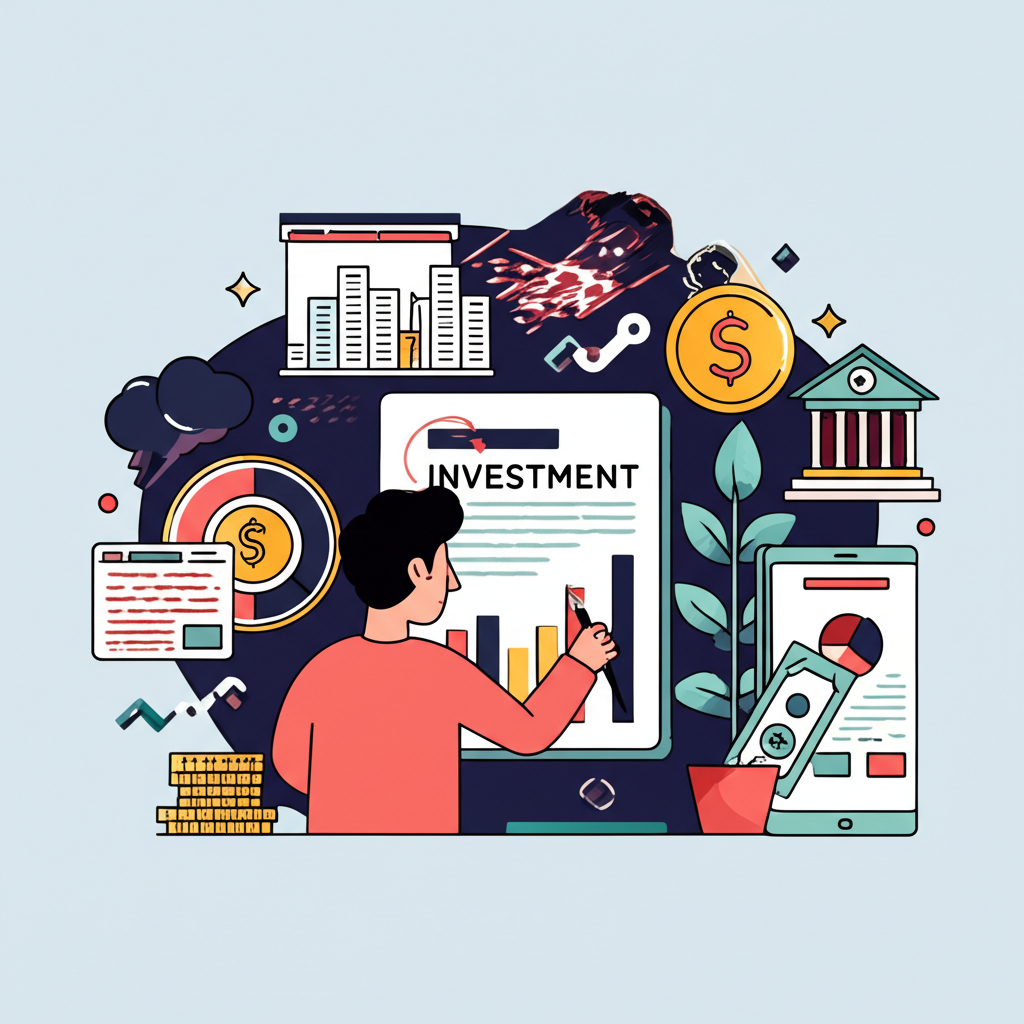 人士檢視圖表,周遭環繞投資風險優勢及銀行、行動應用、現金等兌換選項符號的插圖,象徵全面投資指南