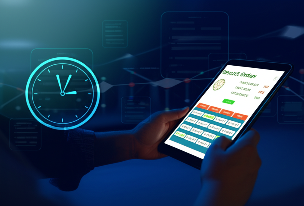 投資人在非交易時間使用平板設定股票預約訂單,背景有券商系統圖示和時鐘顯示非交易時段