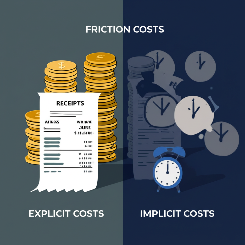Illustration showing explicit and implicit friction costs with coins, receipts, shadows, and clocks
