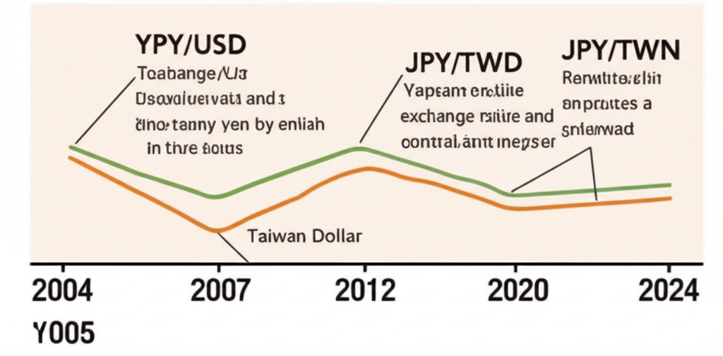 2004至2024年日幣對美元與台幣的時間線圖,顯示受全球事件與央行政策影響的貶值趨勢
