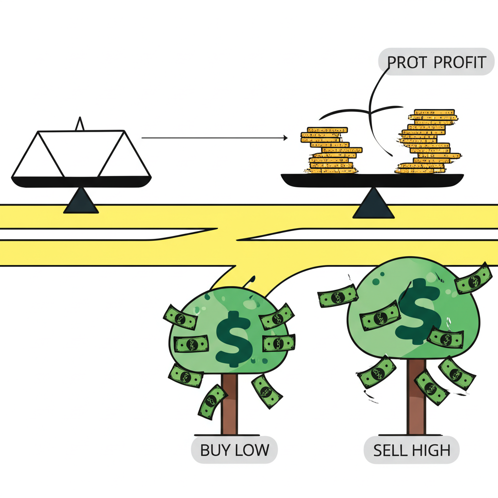 兩條獲利路徑圖示:一邊是買低賣高的天平,另一邊是向股東分發紅利的錢樹