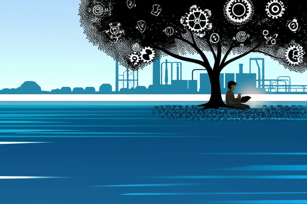 水資源知識與工業蓄積插圖：寧靜水庫積聚藍色雨水、一人樹下閱讀書籍積累知識以發光符號呈現，以及工廠細微積累齒輪與電路