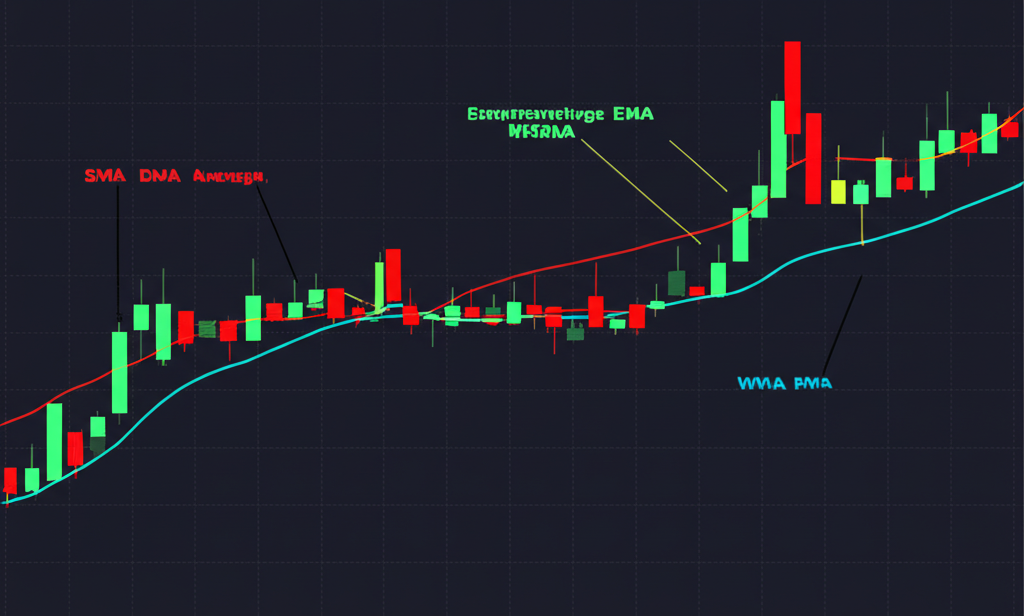 Financial chart showing SMA, EMA, and WMA lines illustrating different moving average types