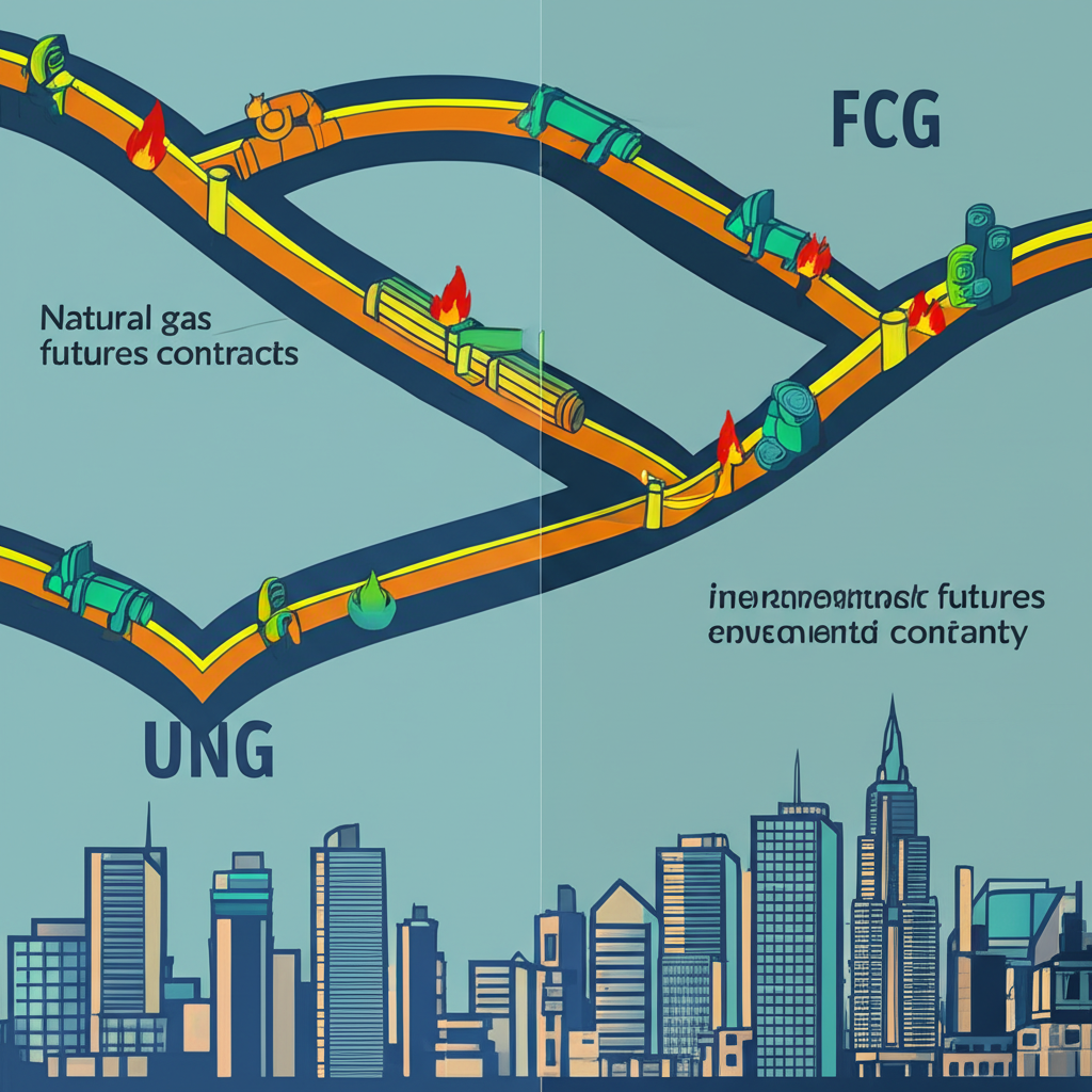 兩種投資路徑插圖:一邊是天然氣期貨合約,另一邊是公司股票,象徵 UNG 與 FCG 的差異