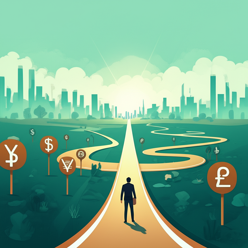 人士自信導航金融之旅，包含貨幣符號和開戶風險管理步驟路線圖的插圖