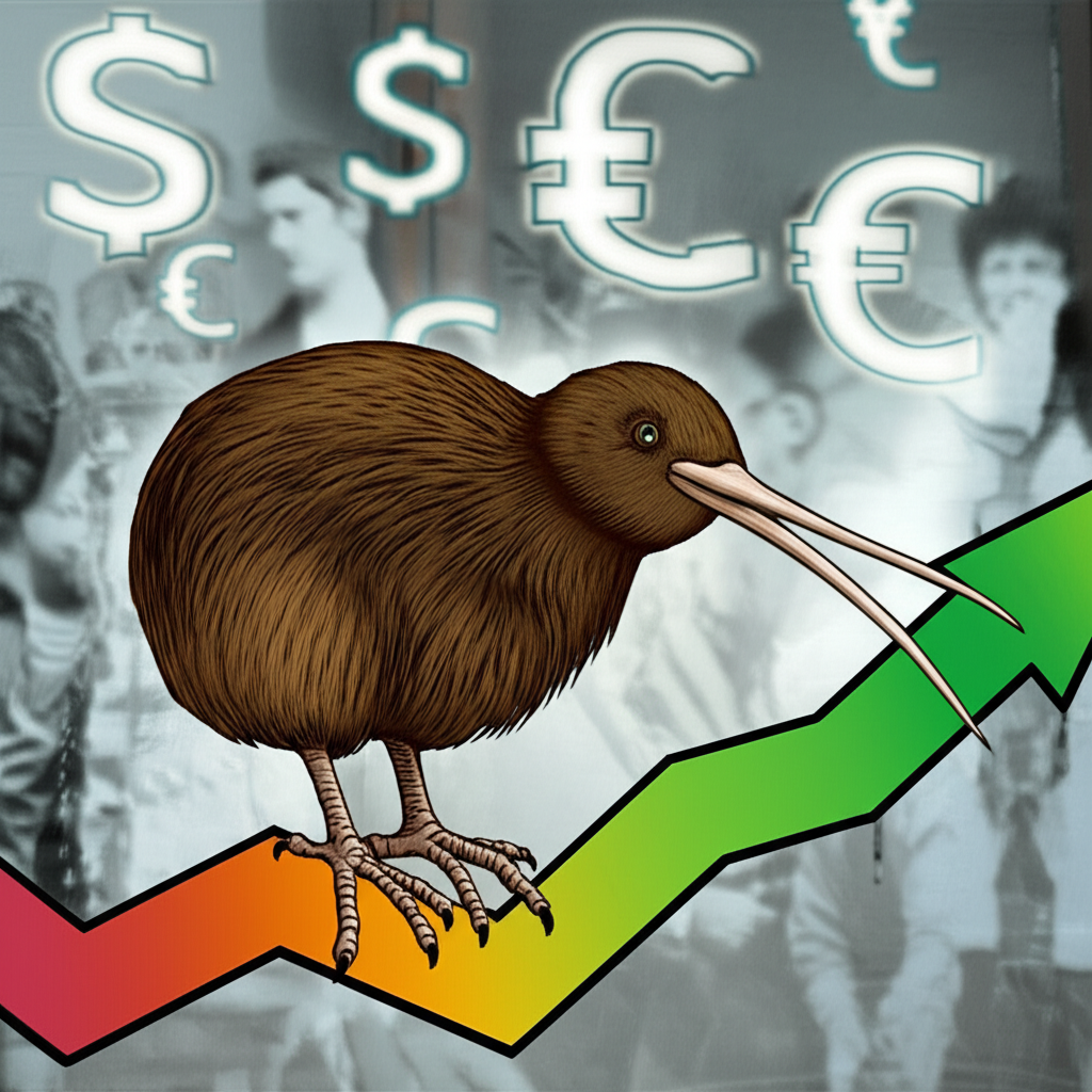 Kiwi bird standing on rising interest rate graph with global currencies and investors