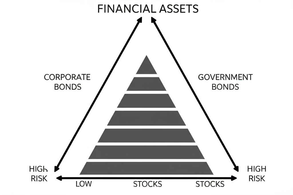 比較三種金融資產的公司債、政府債和股票的插圖,顯示各自風險與回報特徵