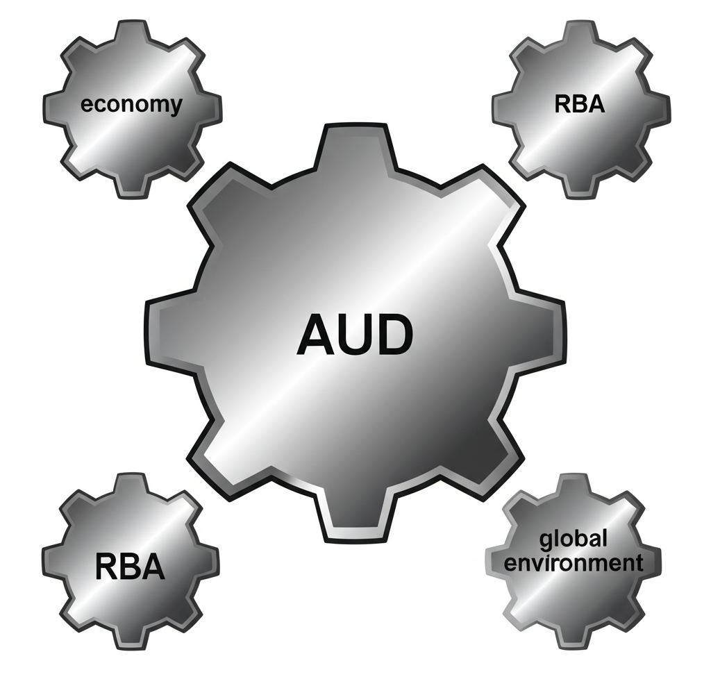 中央齒輪標示為AUD,周圍四個互聯小齒輪分別代表經濟、RBA、商品和全球環境
