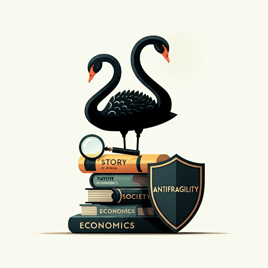 黑天鵝事件起源插圖:黑天鵝站在歷史經濟社會書籍堆上,象徵人類認知偏誤與反脆弱防護