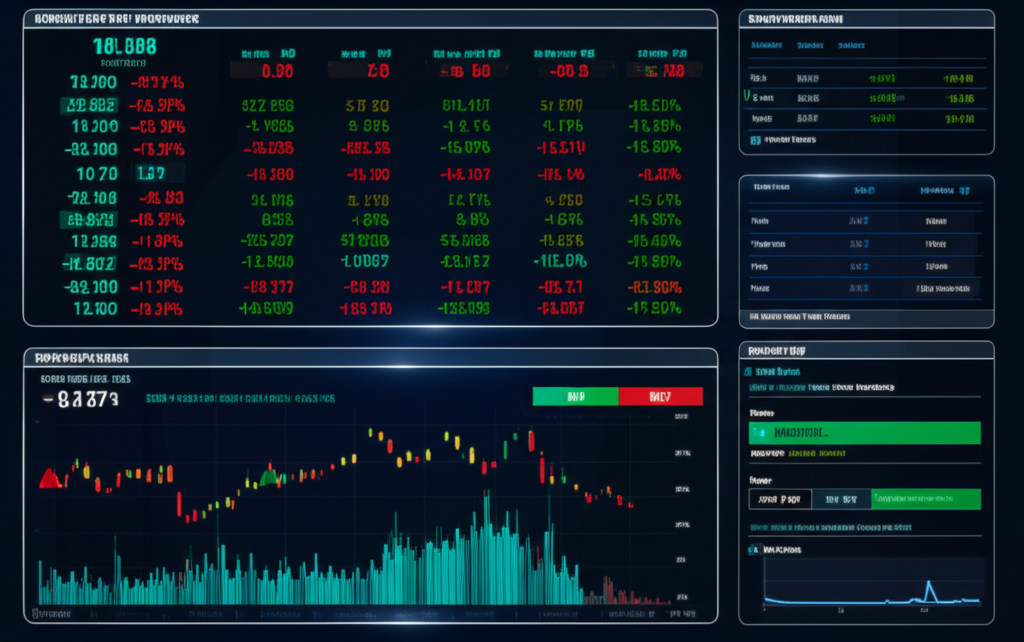 儀表板顯示即時市場報價、互動圖表、技術指標與訂單管理面板的插圖,整合新聞饋送供交易者使用
