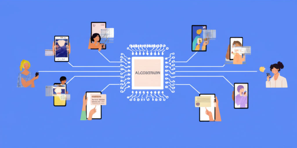 多元用戶在裝置上接收個人化內容的插圖,中央演算法連結偏好並創造獨特使用者體驗