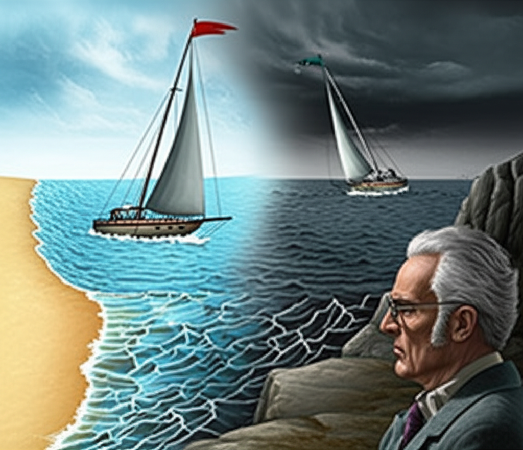 投資者觀察股市如潮汐般的市場趨勢,船隻在漲潮中順勢前行