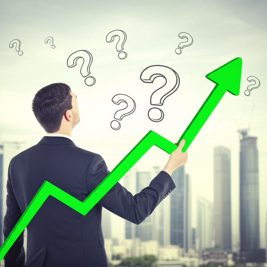 一位充滿希望的投資者注視著上升的澳幣匯率圖表,周圍環繞著代表全球經濟不確定性的問號