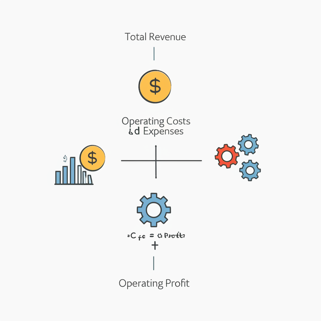 白板上展示營業利益率公式與範例計算,伴隨營收分配圖表說明