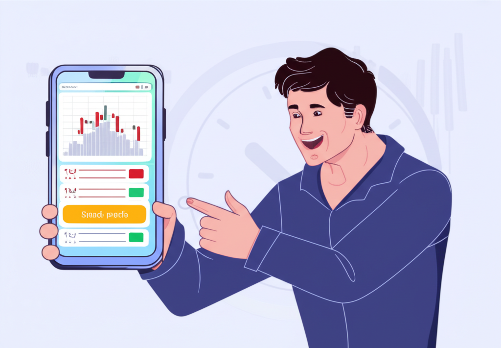 忙碌的上班族微笑看著手機顯示成功的股票交易,背景時鐘顯示交易時段