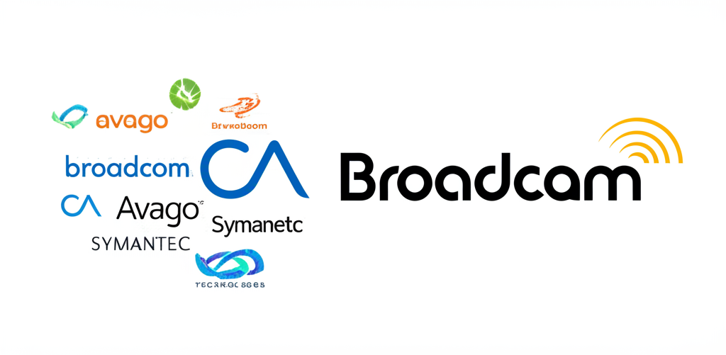 多個公司標誌如Avago、Broadcom、CA Technologies與Symantec合併成單一博通標誌，象徵策略收購與業務擴張至軟體領域
