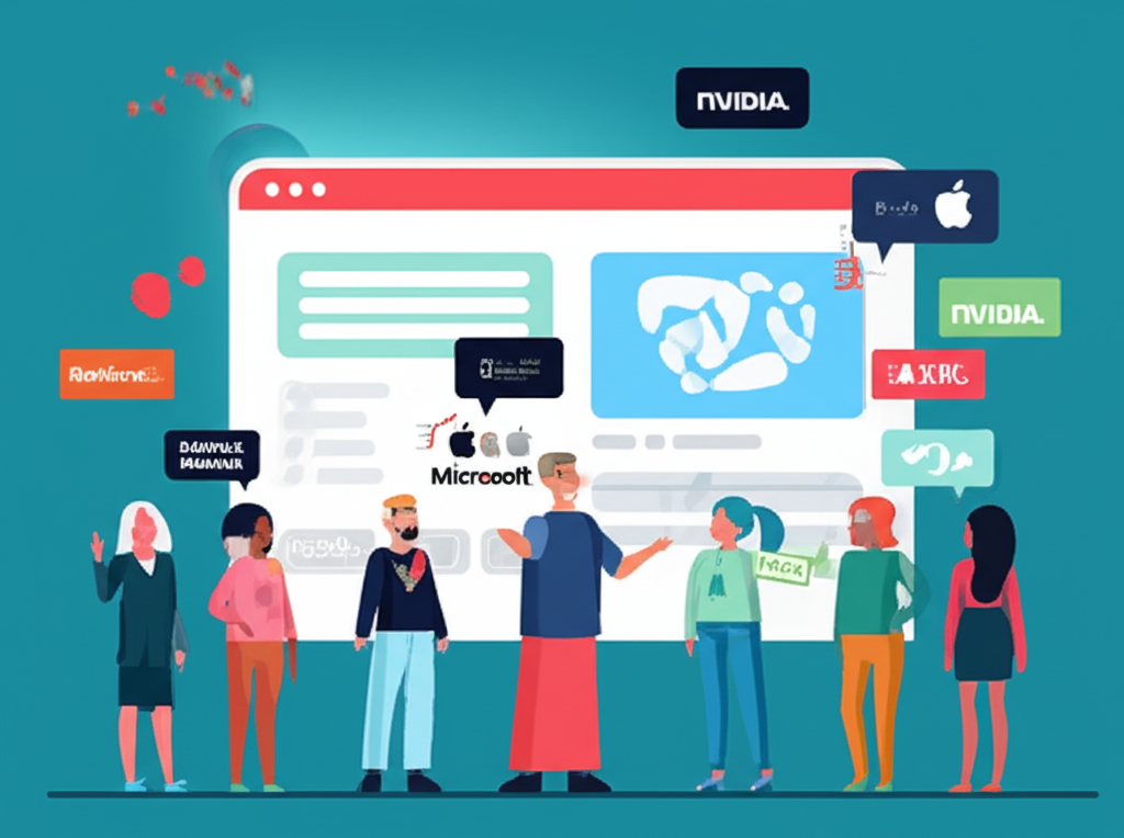 一群多元投資者快樂地進入充滿活力的股市,背景有輝達、特斯拉、蘋果、微軟等公司標誌,代表彈性和負擔得起