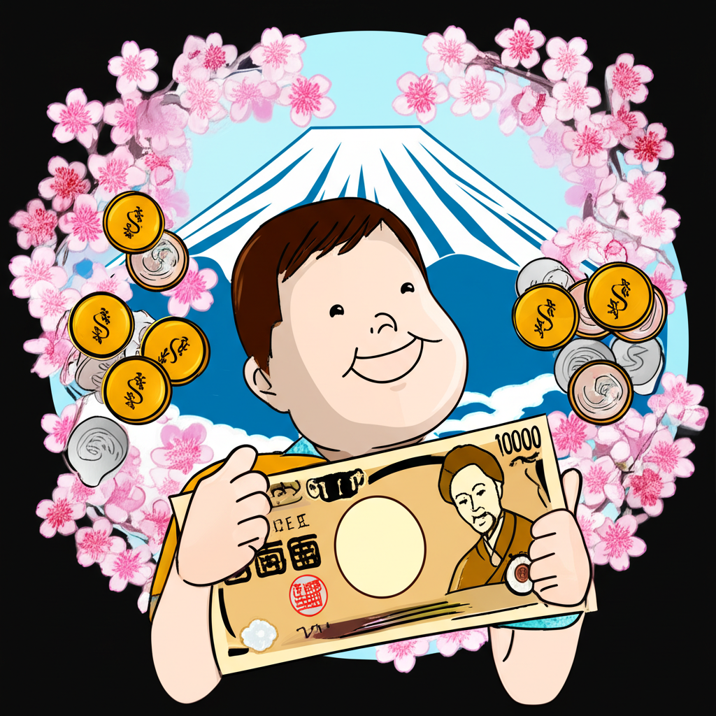 快樂的日本遊客手持各種日圓紙鈔和硬幣,周圍環繞櫻花和富士山等文化元素