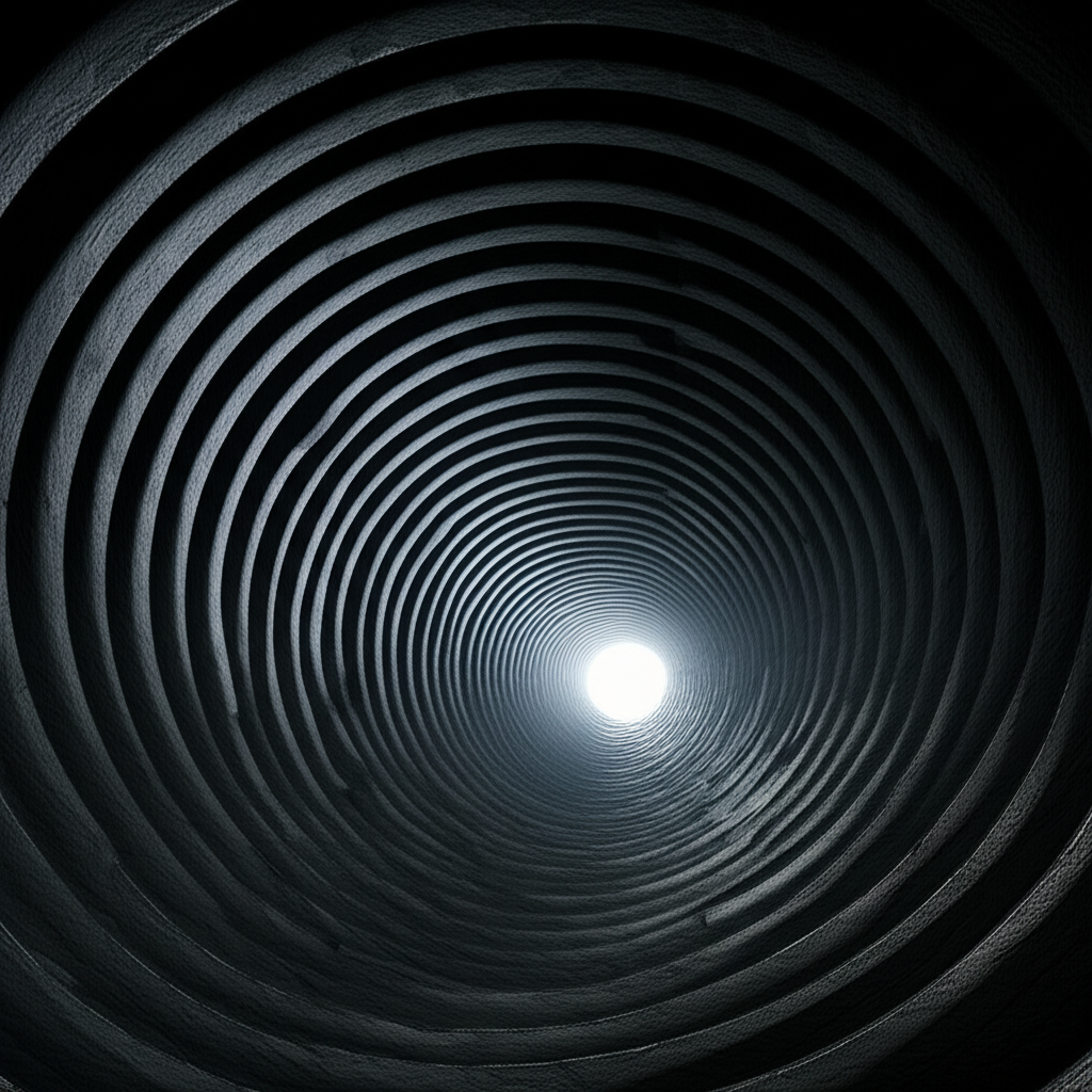 複雜陰影特殊目的實體網絡插圖,如隱藏隧道迷宮,掩蓋公司財務結構中巨額債務與虧損,代表欺瞞性會計魔術