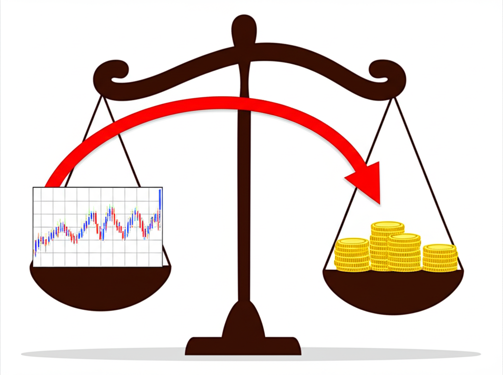股票圖表與成交量平衡秤示意圖,強調量價因果關係