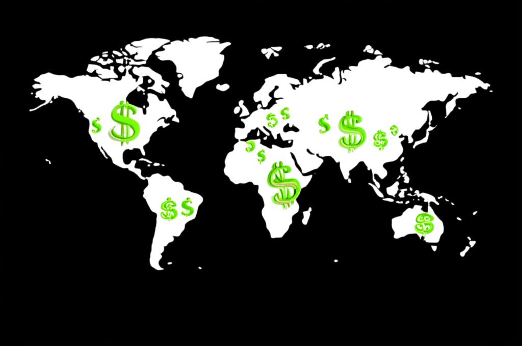 世界地圖環繞美元符號，象徵全球貨幣流動與個人財務決策