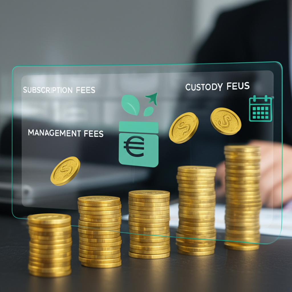 基金費用結構展示，包括申購費、經理費與保管費，伴隨投資金額流向基金圖標與日曆