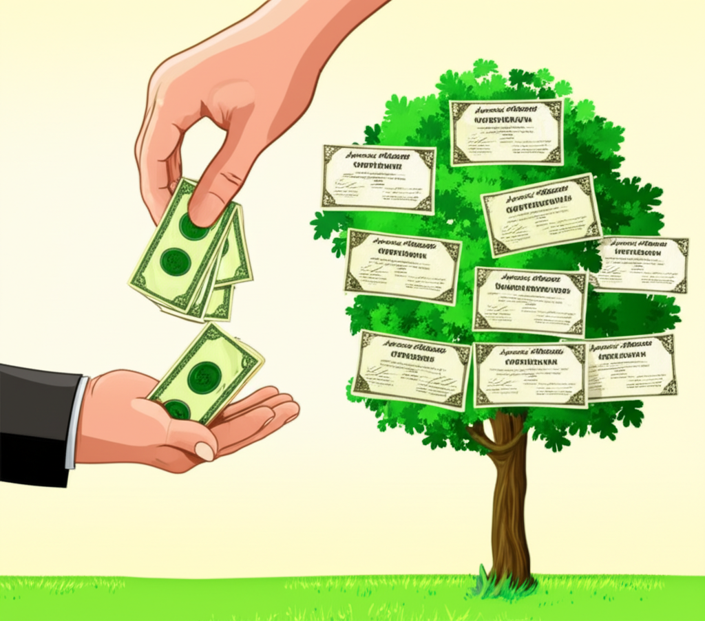 現金股息與股票股息的兩種路徑插圖，現金流入手掌與股票證書生長於樹上