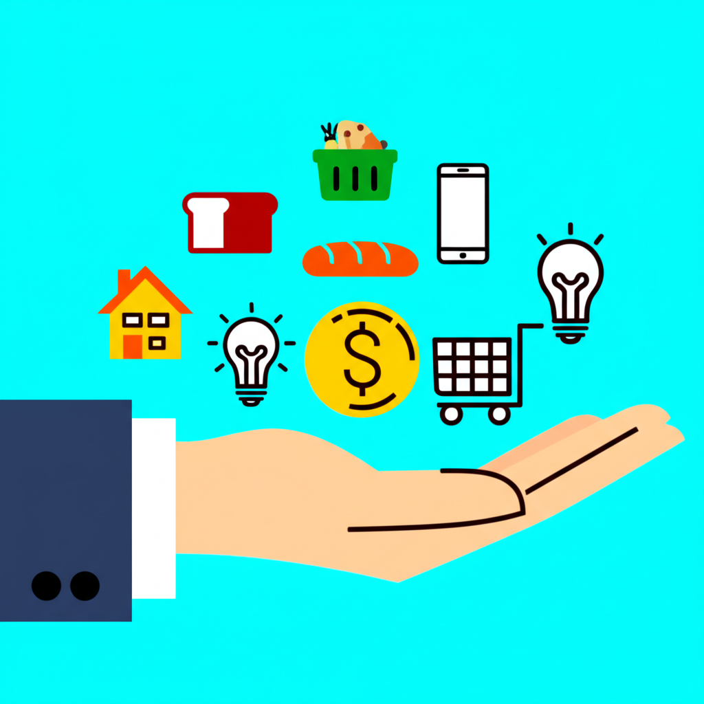 illustration a hand holding a coin with various goods and services around it showing the quantity a unit of currency can buy