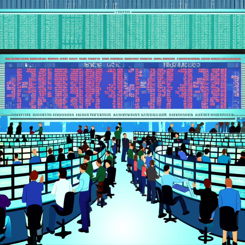 熱鬧的證券交易所場景,交易員盯著螢幕操作,人群圍繞大型數位看板顯示股價,象徵高度組織化且透明的金融市場