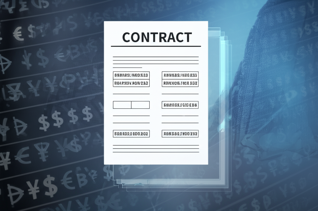 標準化合約文件顯示貨幣符號與未來日期的透明金融衍生市場插圖