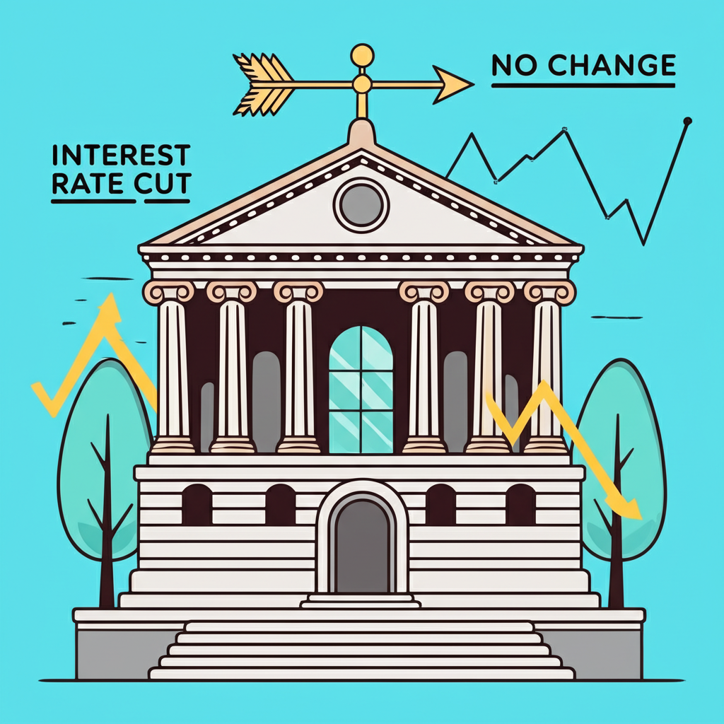 中央銀行建築物與利率風向標顯示降息趨勢,以及債券市場圖表上漲波動