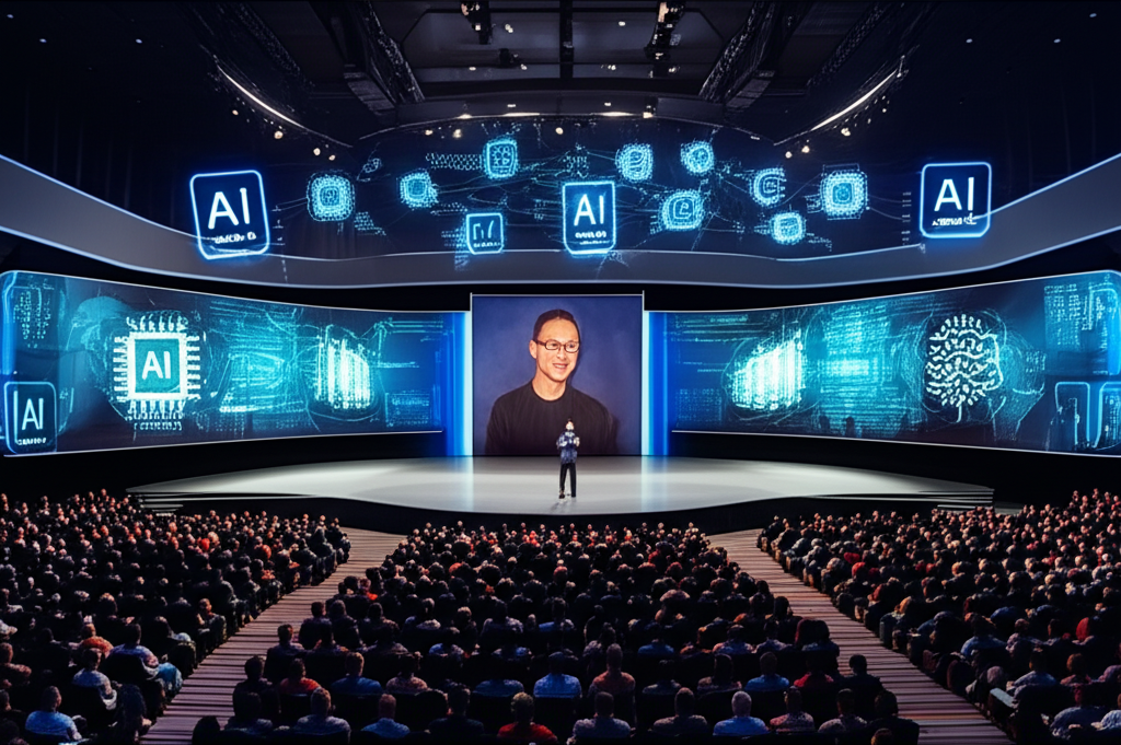 大型會議廳中黃仁勳向全球觀眾演講的場景,周圍環繞浮動的 AI 和 GPU 圖標,代表多樣技術匯聚